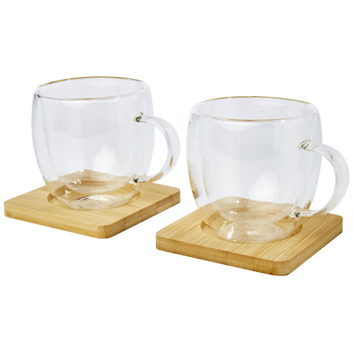 Set di 2 tazze in vetro a doppia parete da 250 ml con sottobicchiere in bamb&ugrave; Manti